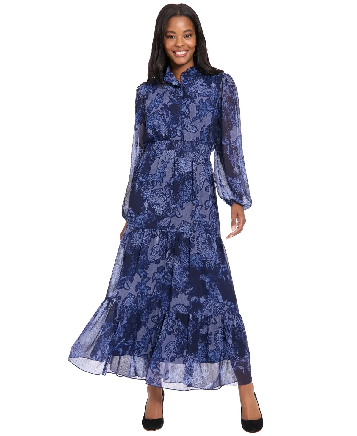 Printed Tiered Mock Neck Maxi Dress - Denim by London Times