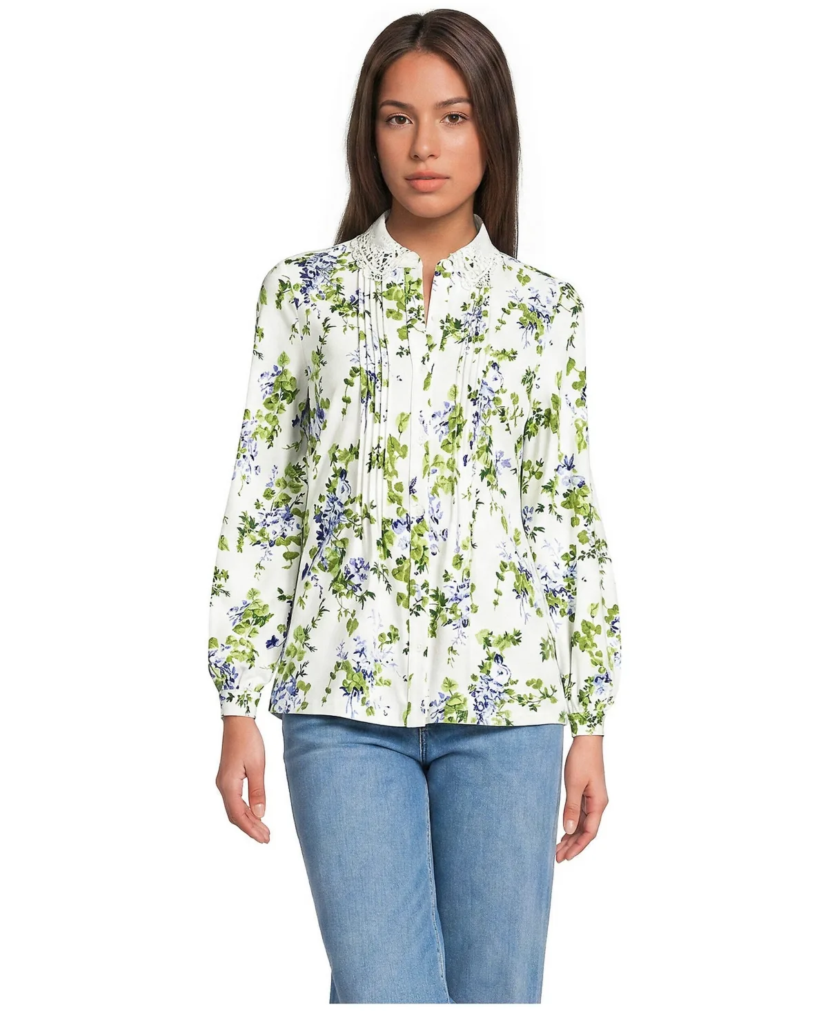 Long-Sleeve Pintuck Lace Blouse by Lands' End