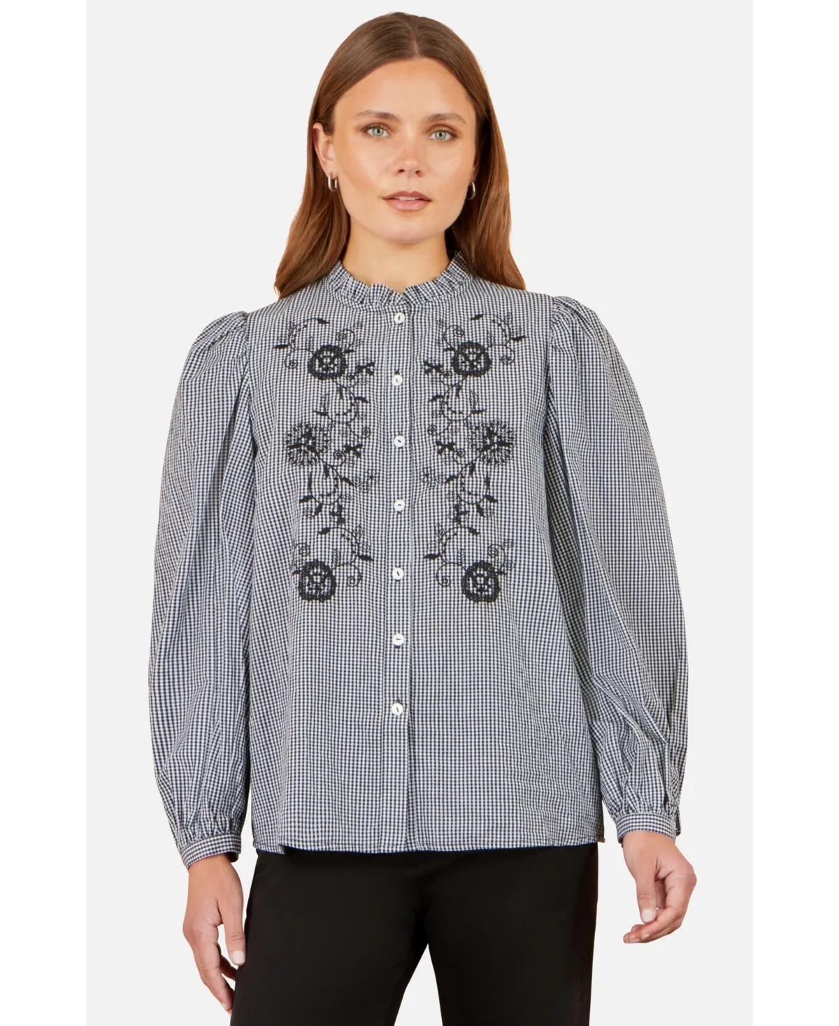 Gingham Embroidered Long-Sleeve Blouse by Yumi