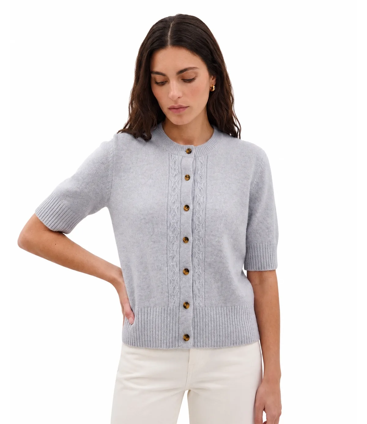 Elbow Sleeve Cable Trim Cardigan