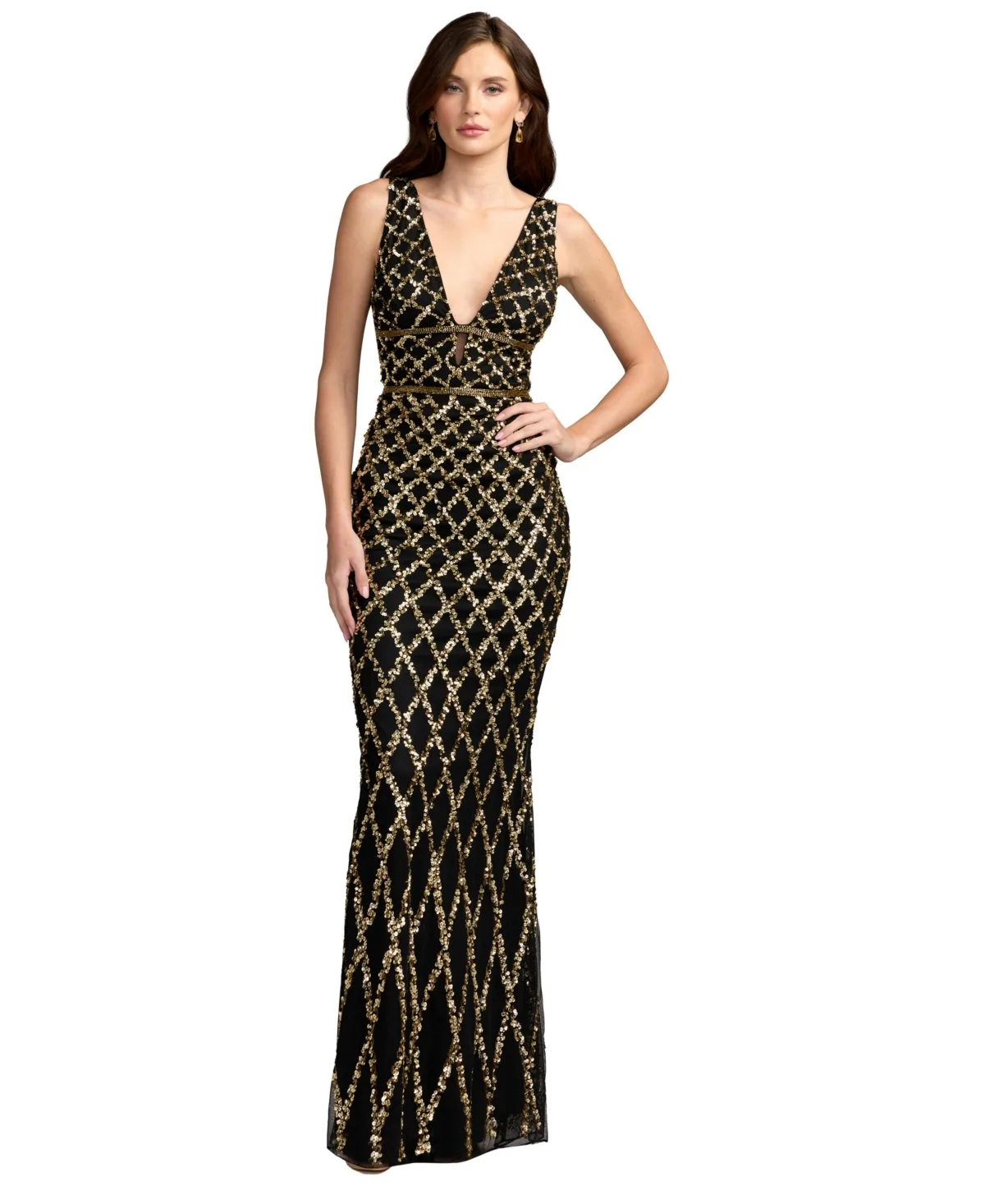 Sequined Plunge Neck Sleeveless Column Gown by M.A.C.