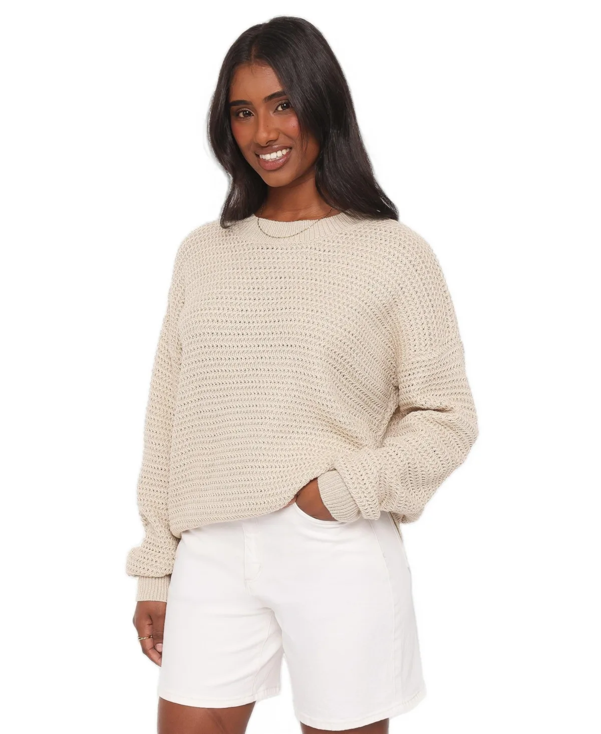 Melane Long-Sleeve Crew Neck Open-Stitch Sweater by Petal and Pup