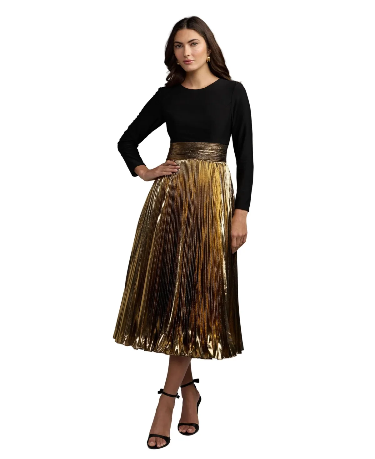 Long Sleeve Metallic Pleated Midi Dress by M.A.C.