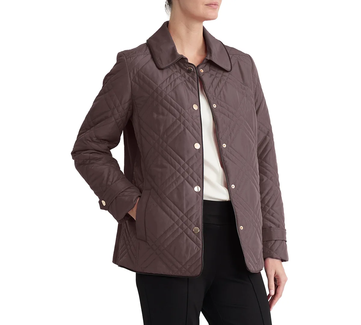 Triple-Diamond-Quilted Faux-Leather-Piping Jacket by Jones New York
