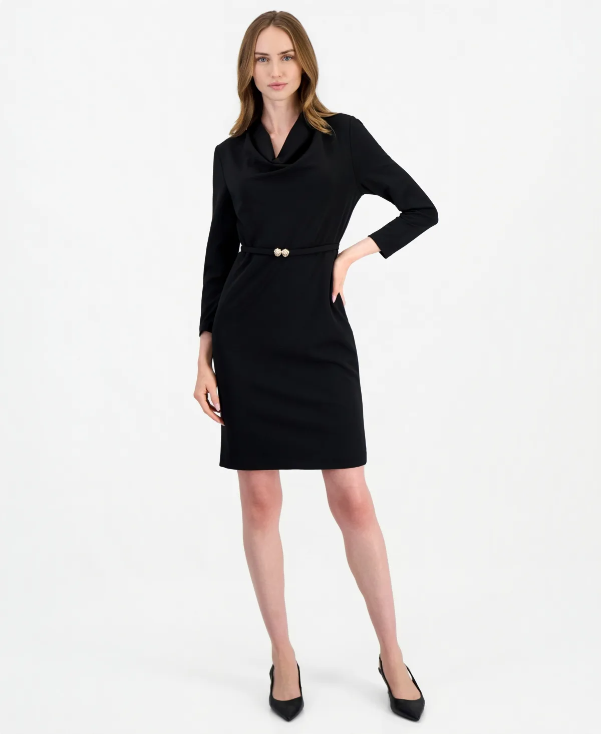 Cowl-Neck Belted Long-Sleeve Dress by Anne Klein