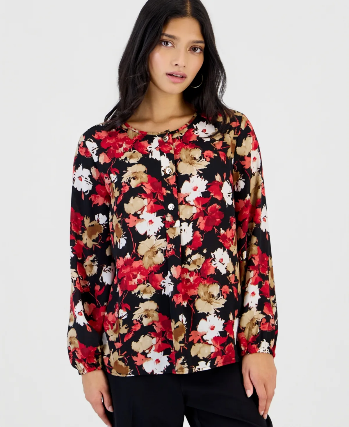 Essentials Long-Sleeve Floral-Print Crewneck Blouse by Anne Klein