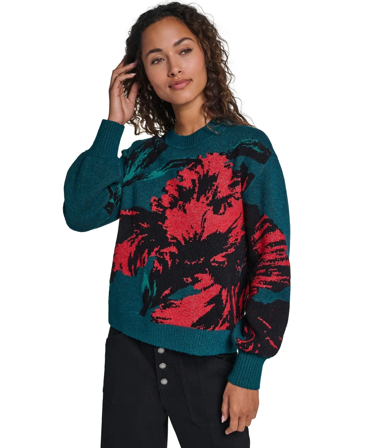 Floral-Print Long-Sleeve Crewneck Sweater by Karl Lagerfeld