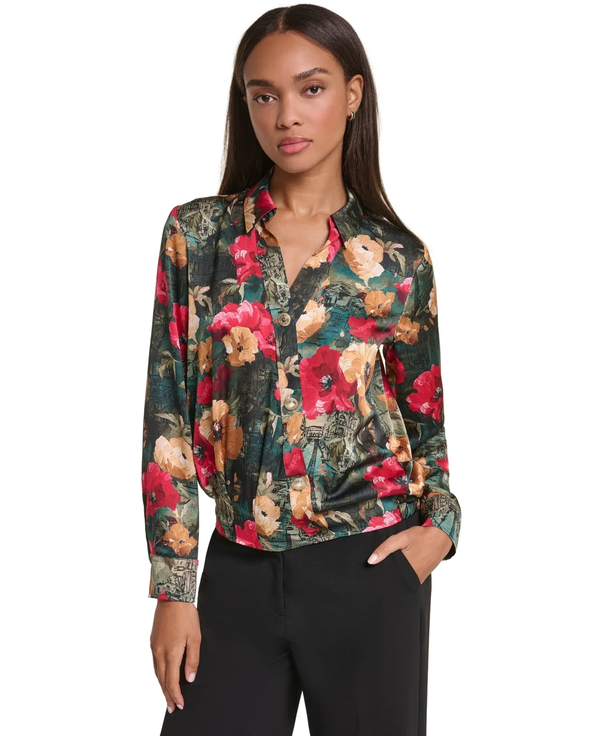 Long-Sleeve Floral-Print Surplice Blouse