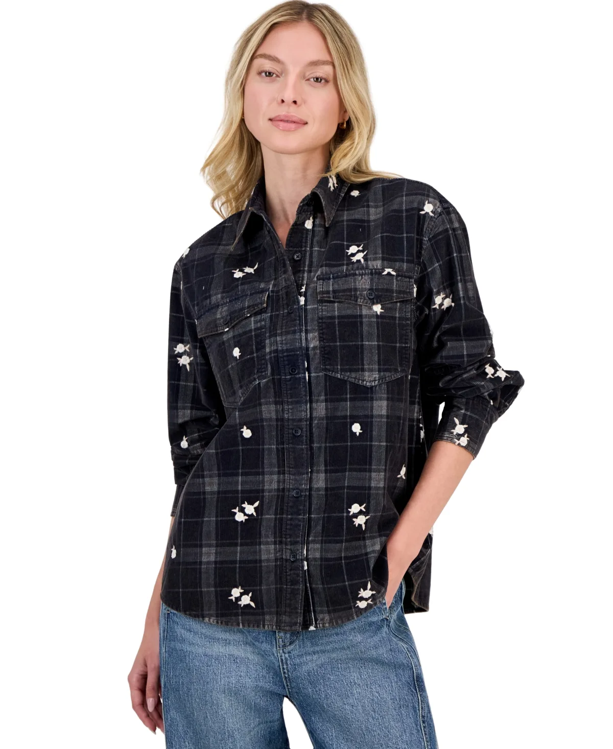 Plaid Long-Sleeve Cord-Embroidered Button-Up Shirt by And Now This