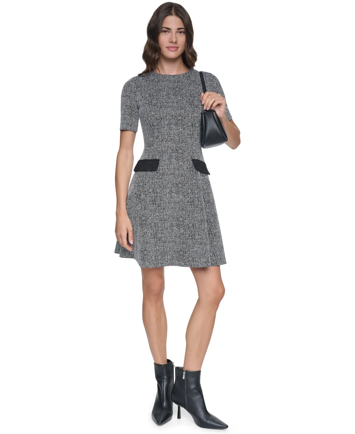 Short-Sleeve Crewneck Textured-Knit Fit and Flare Dress