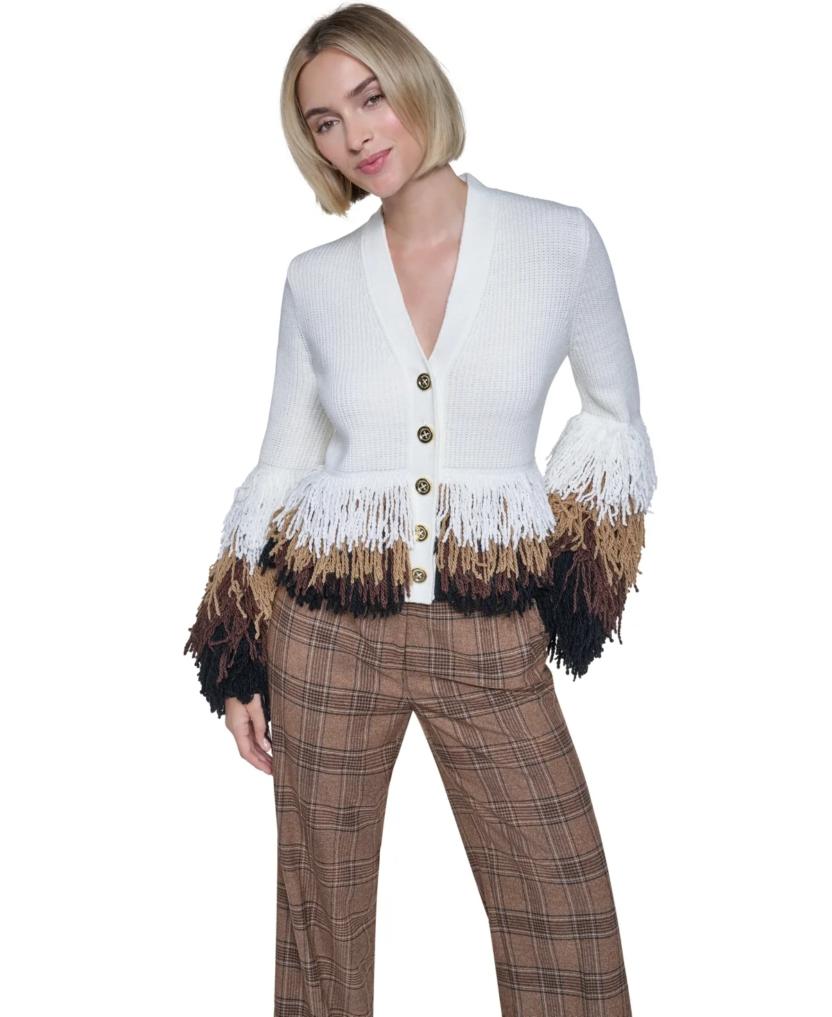 Long-Sleeve Colorblock Loop-Stitch Fringe Trim Cardigan by Sonia Rykiel