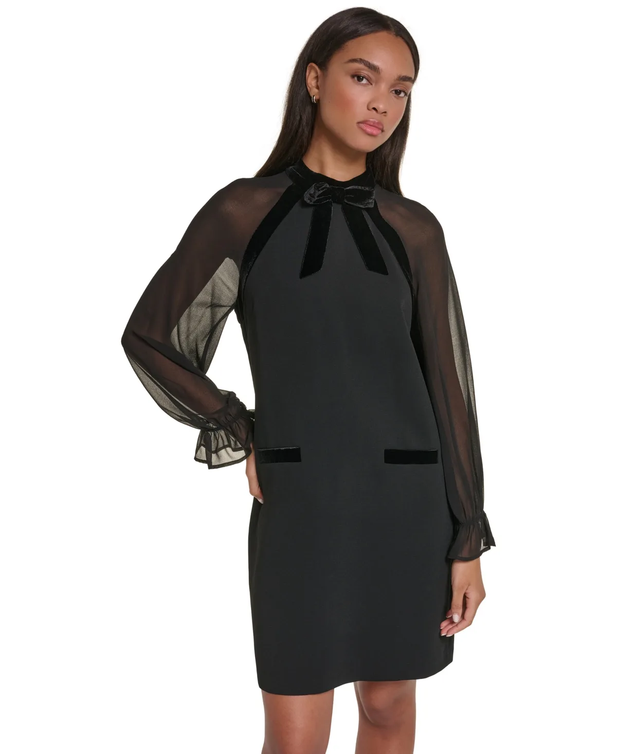 Velvet Bow Mock Neck Long-Sleeve Dress by Karl Lagerfeld