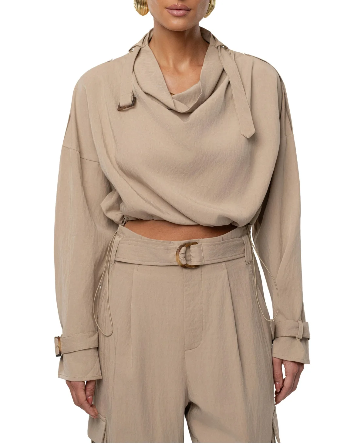 Wanderlust 3/4-Sleeve Cowl Neck Cropped Top by Jluxlabel