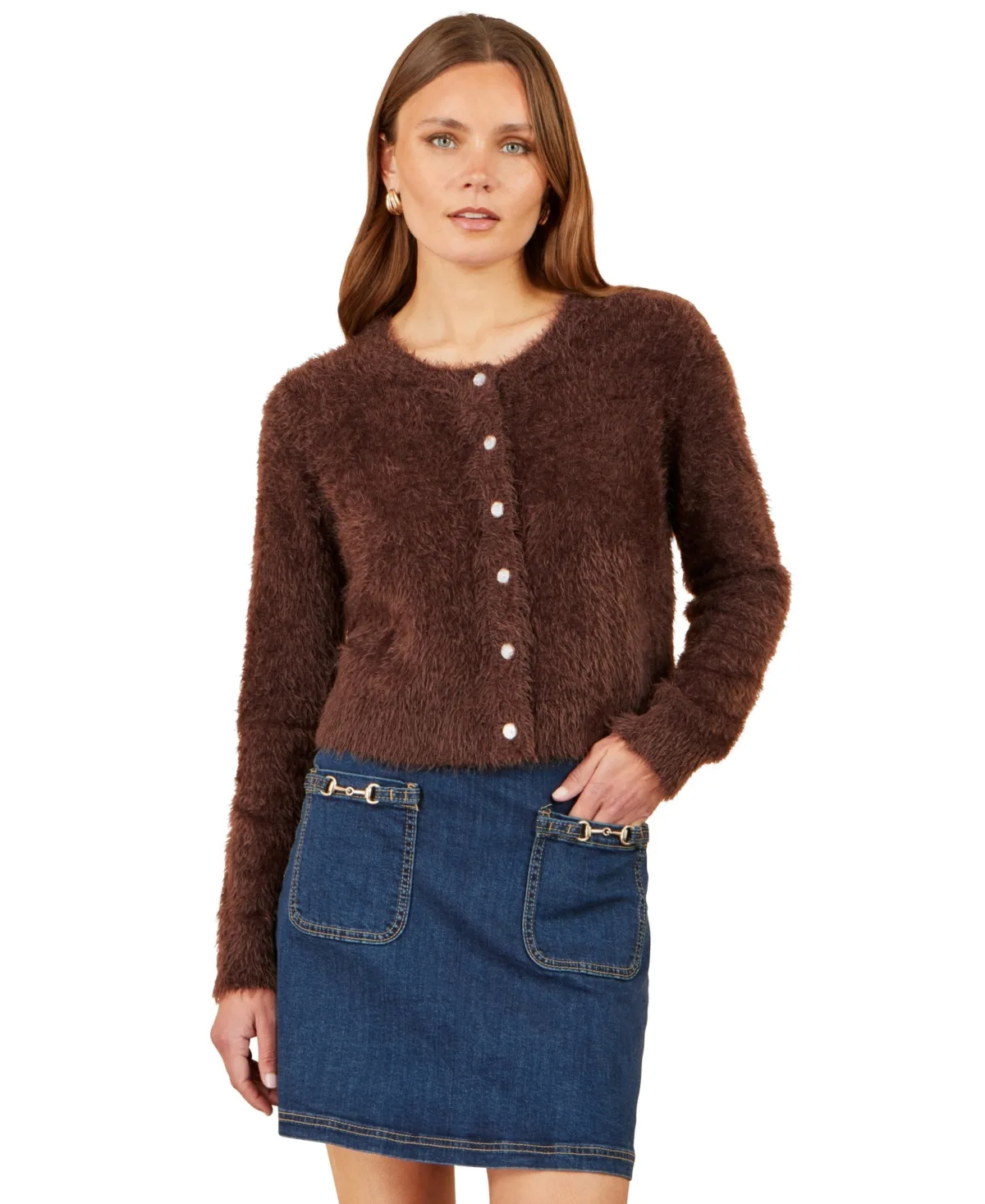 Eyelash Knit Sparkle-Button Crew Neck Cardigan by Yumi