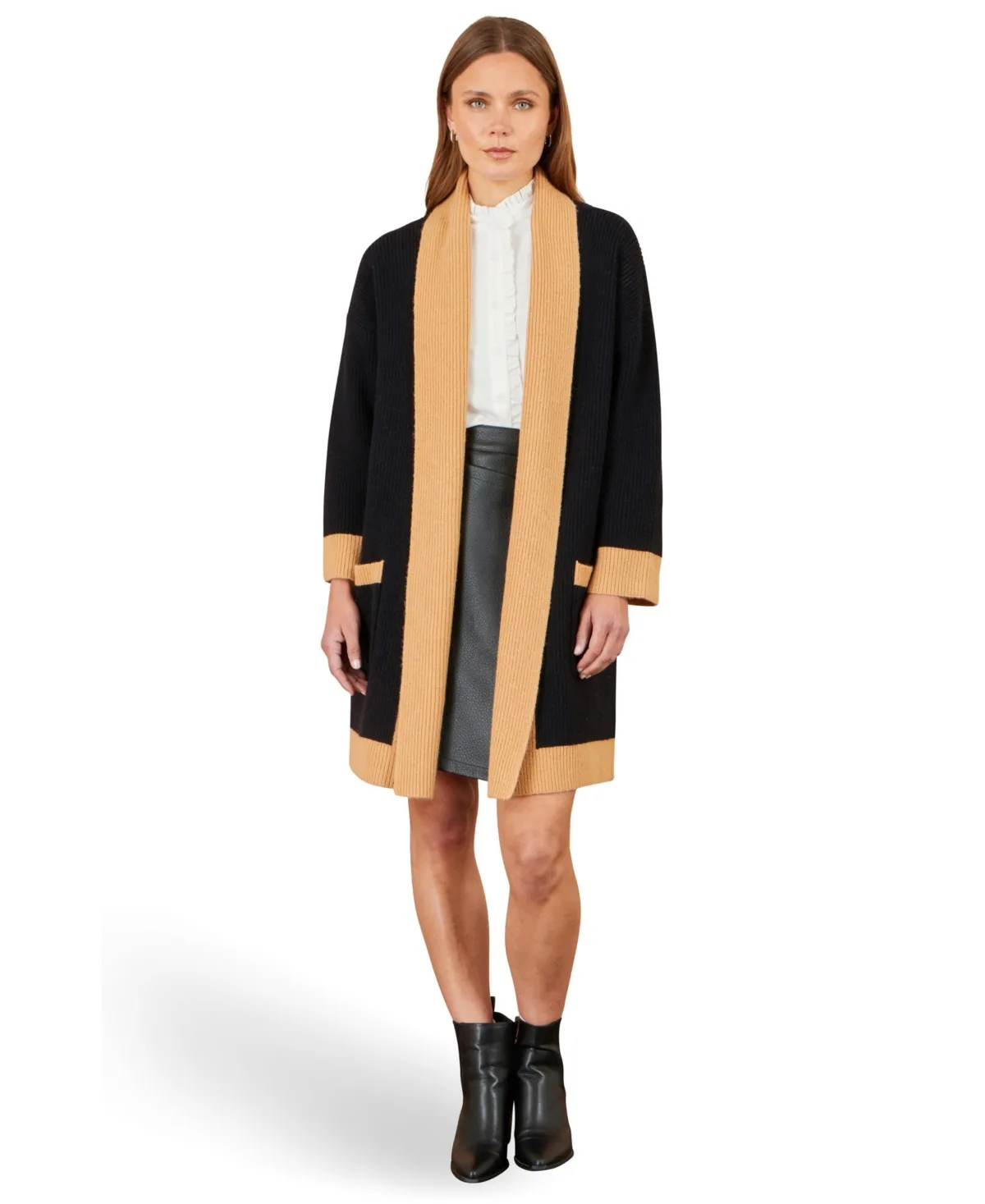 Longline Ribbed Border Open Cardigan by Yumi