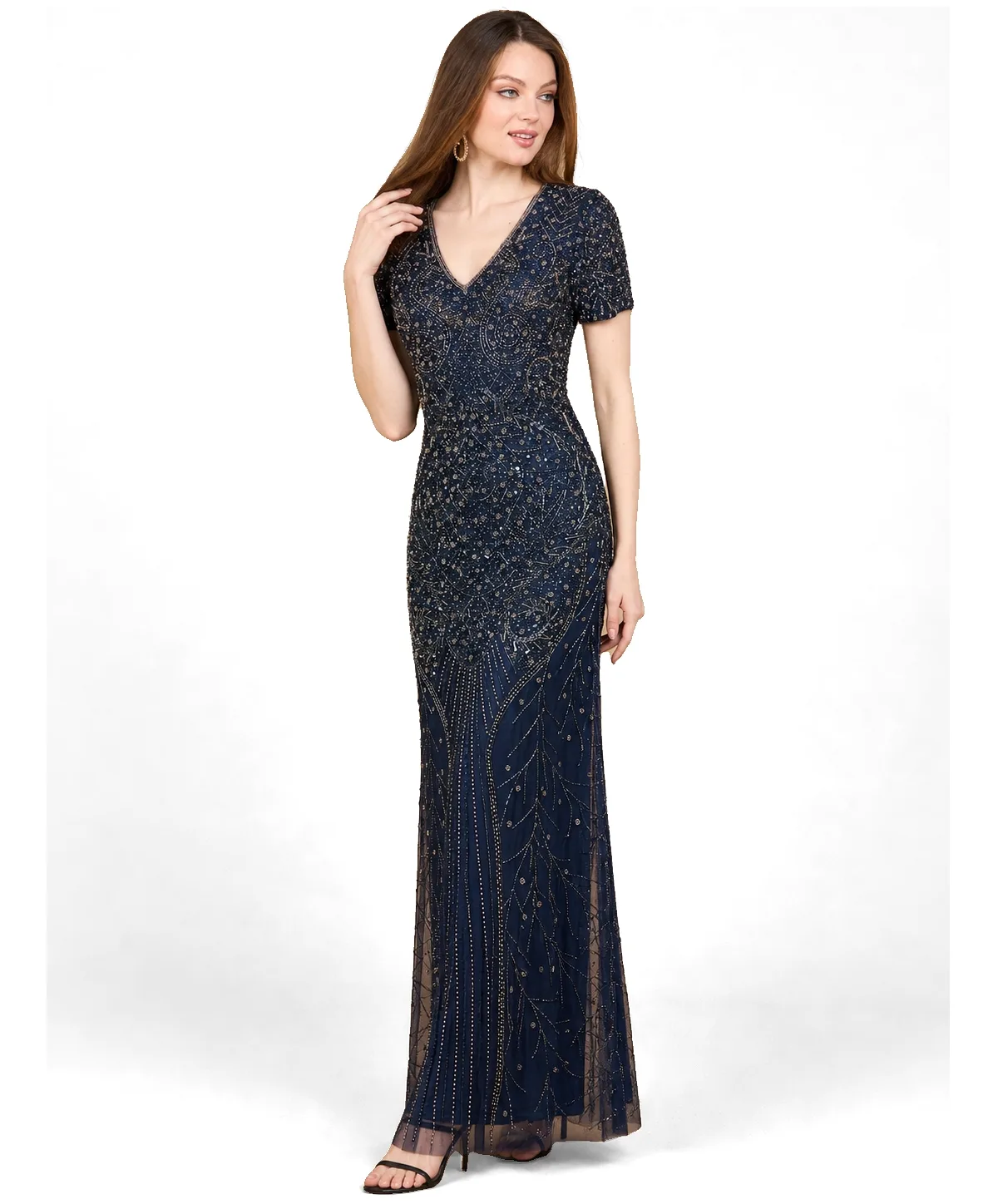 Short Sleeve Sheath Beaded Gown