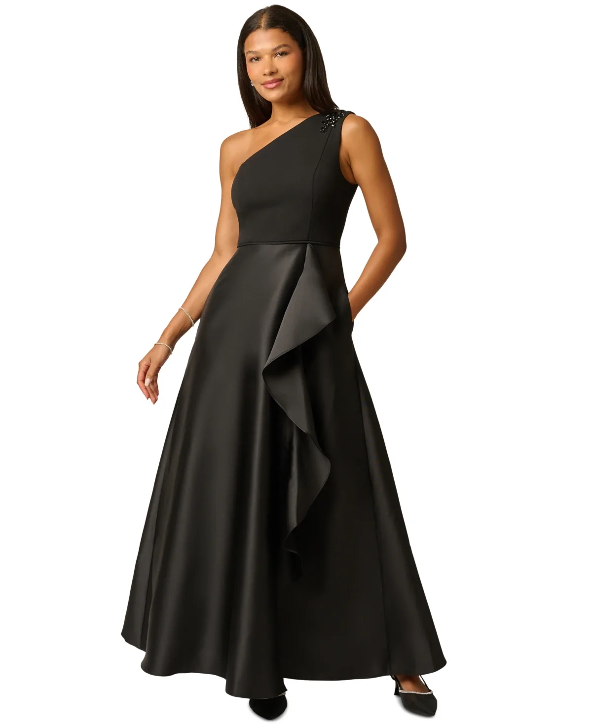 One-Shoulder Combo Mikado Ruffle Gown by Adrianna Papell
