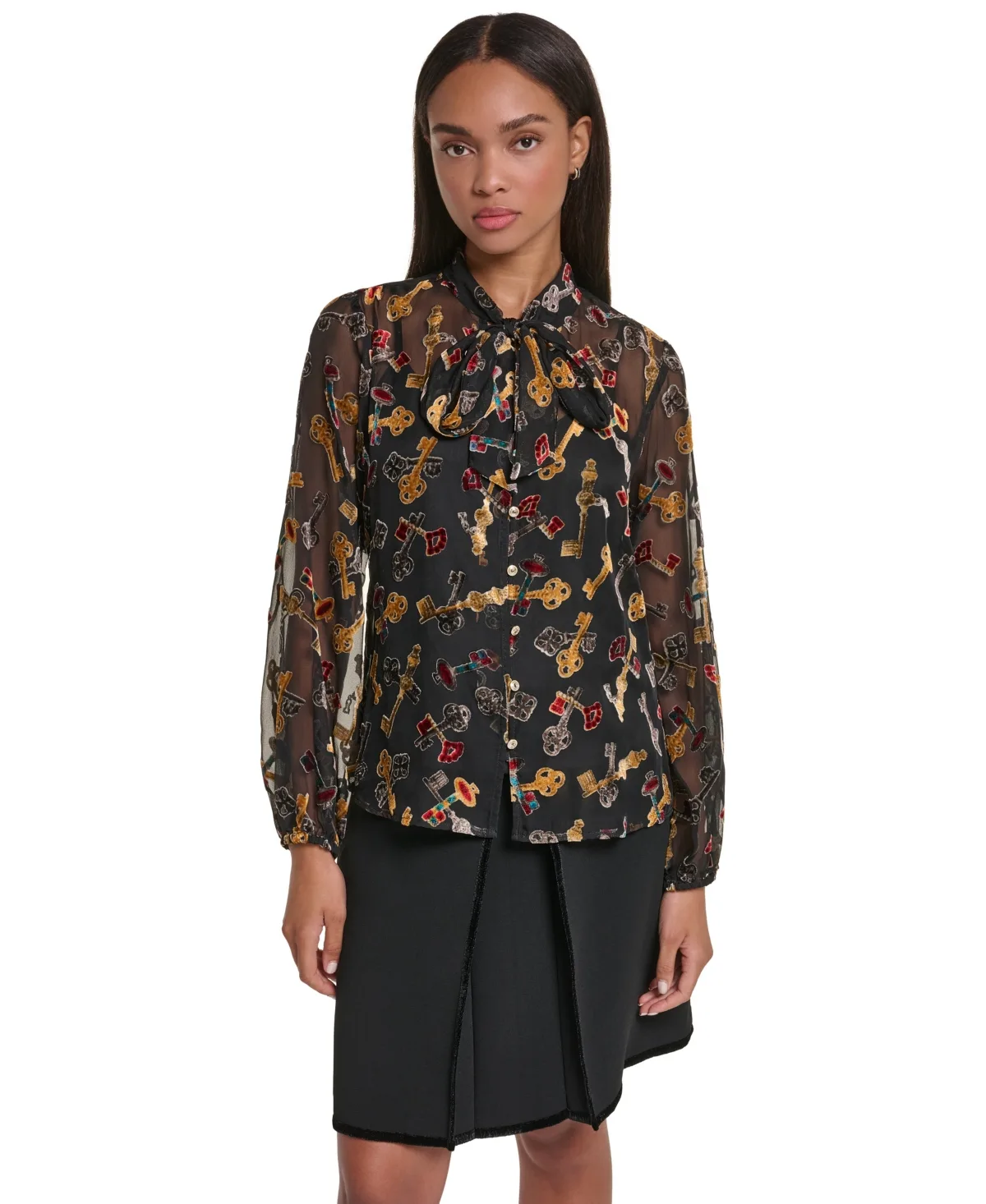 Long-Sleeve Button-Front Burnout Blouse by Karl Lagerfeld
