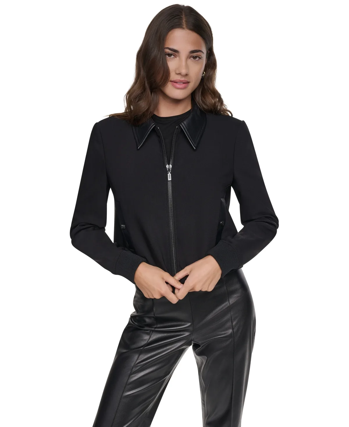 Faux-Leather Moto Cropped Bomber Jacket by DKNY