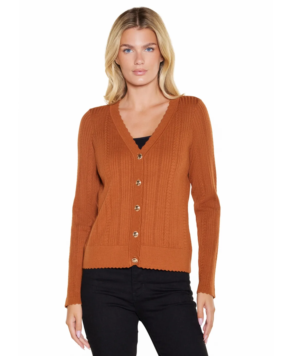Cable Knit Fitted V-Neck Button-Front Cardigan by Belldini