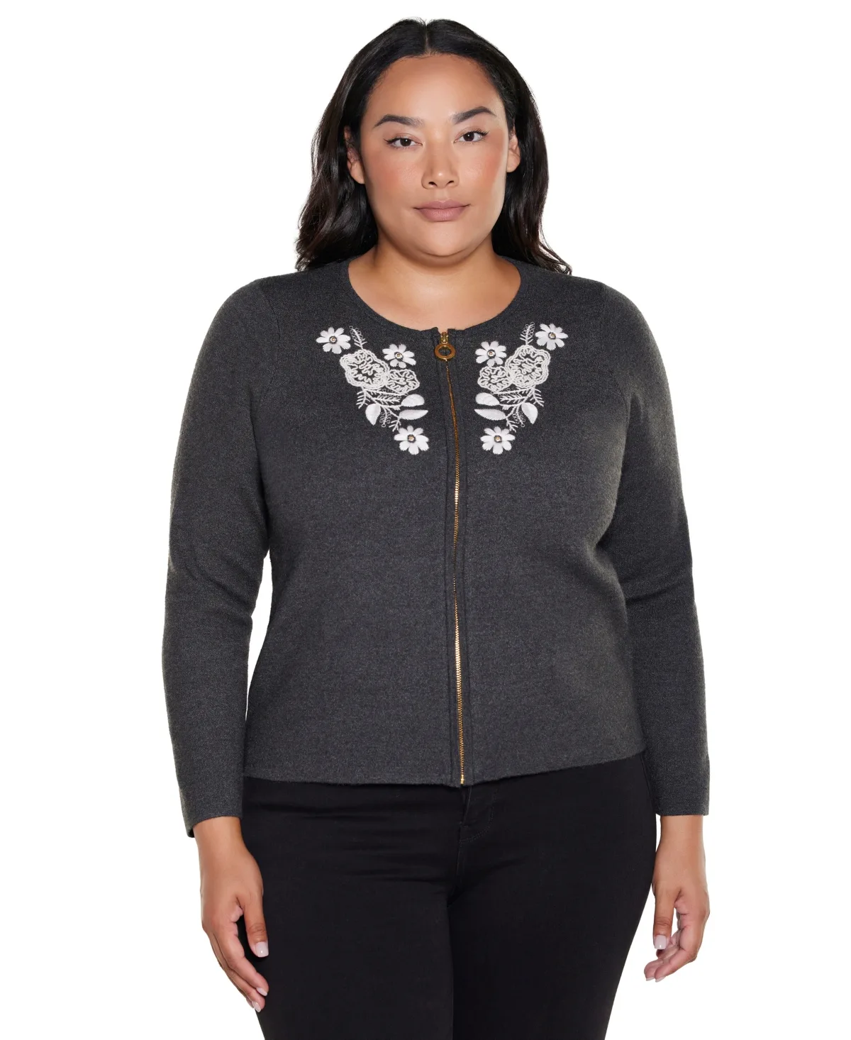 Fitted Floral Full-Zip Cardigan by Belldini