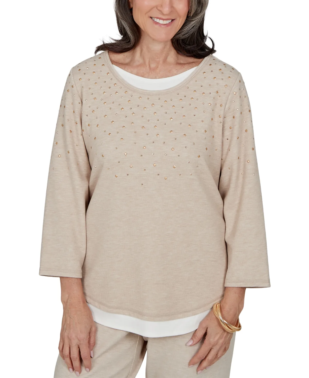 Embellished 3/4-Sleeve Knit Top - Stone by Alfred Dunner