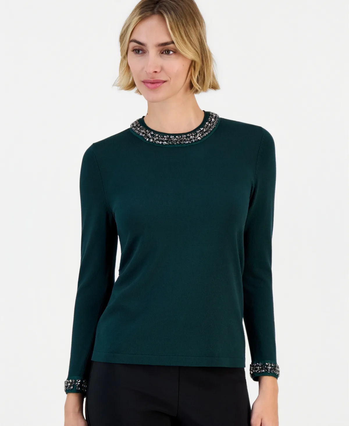 Embellished Crewneck Sweater by Anne Klein