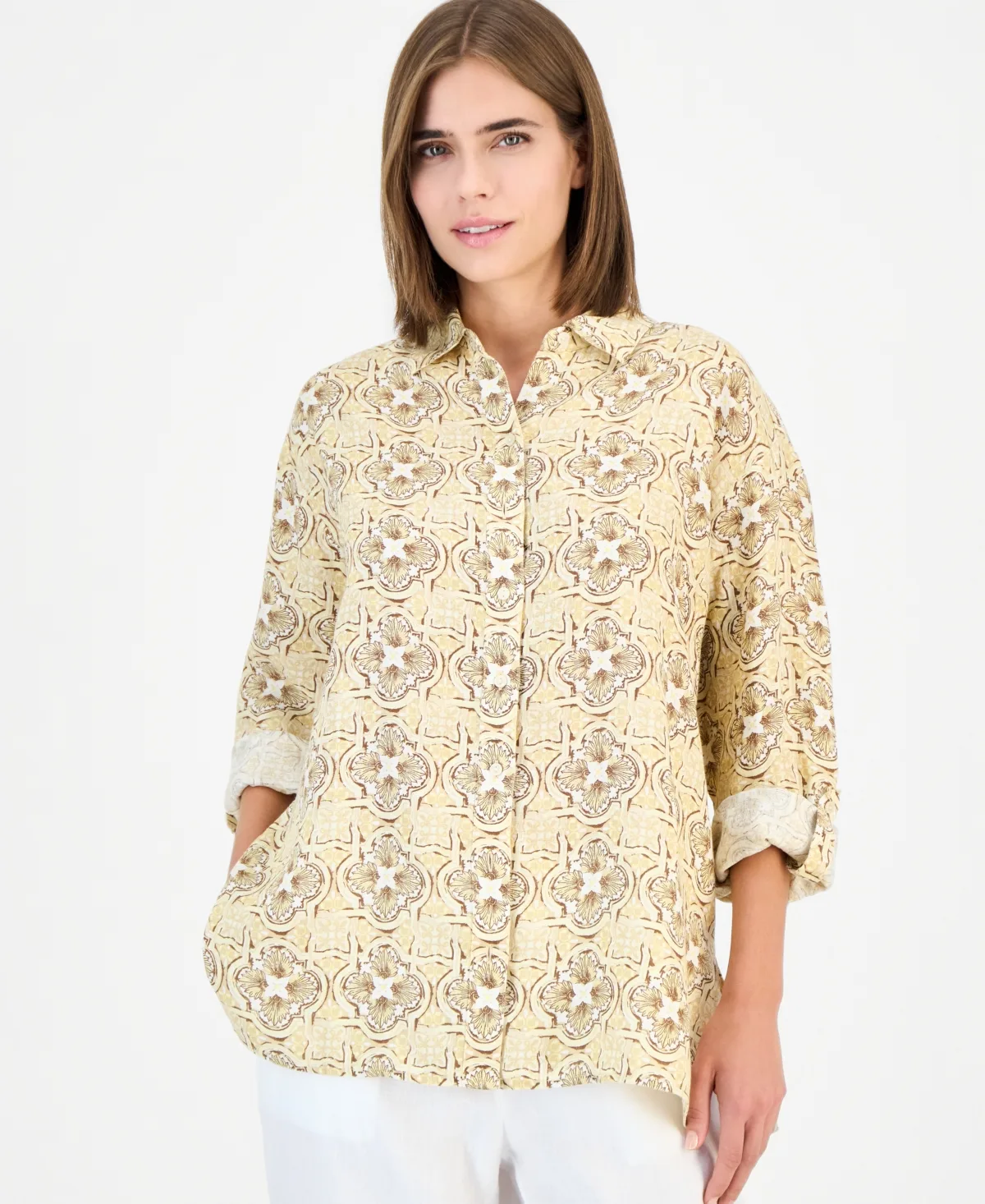 Button-Front 3/4-Sleeve with Roll Tab 100% Linen Tunic by Charter Club
