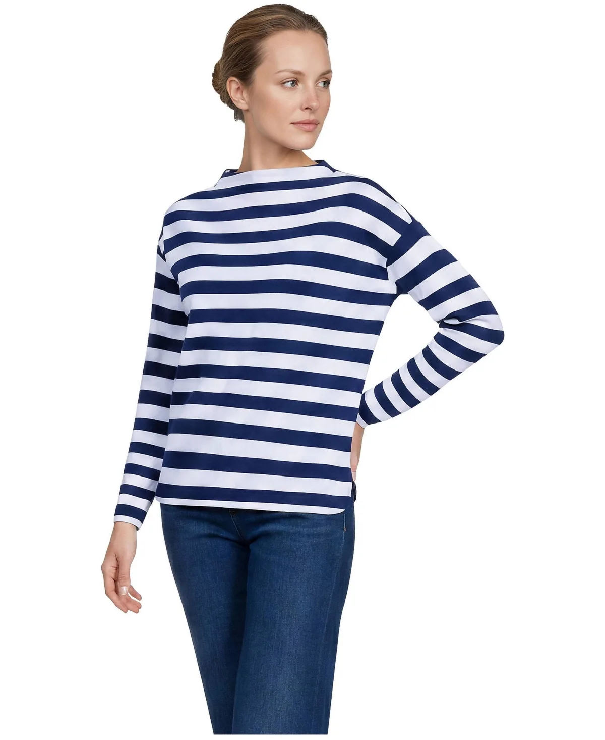 Mariner Striped Funnel-Neck Drop-Shoulder Long-Sleeve T-Shirt by Lands' End