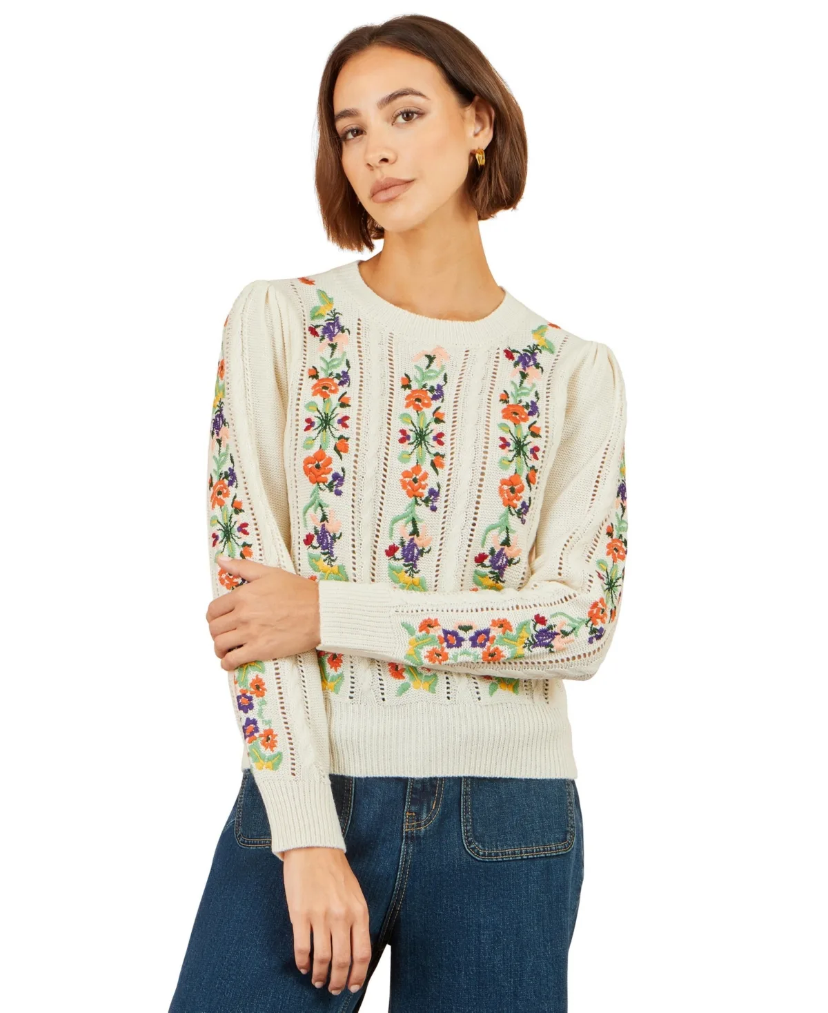 Cable-Knit Floral-Embroidery Puff-Sleeve Crewneck Sweater by Yumi