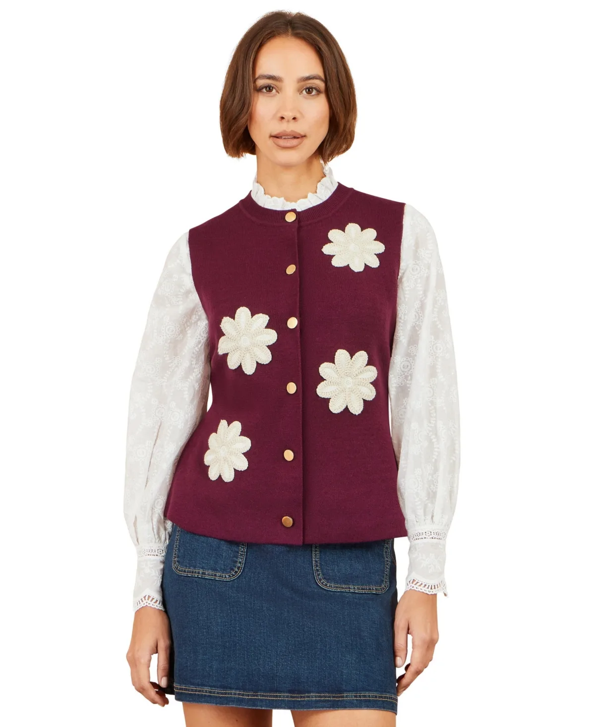 Flower-Applique Sleeveless Knit Sweater Vest by Yumi