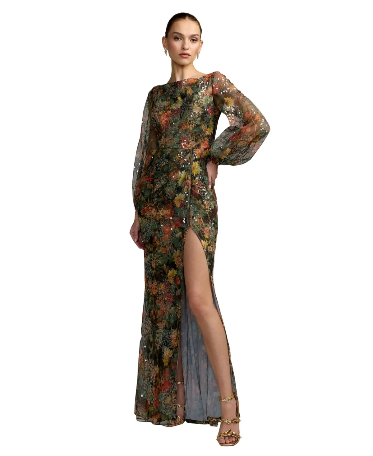 Floral Print Sequined Puff Sleeve Gown by M.A.C.