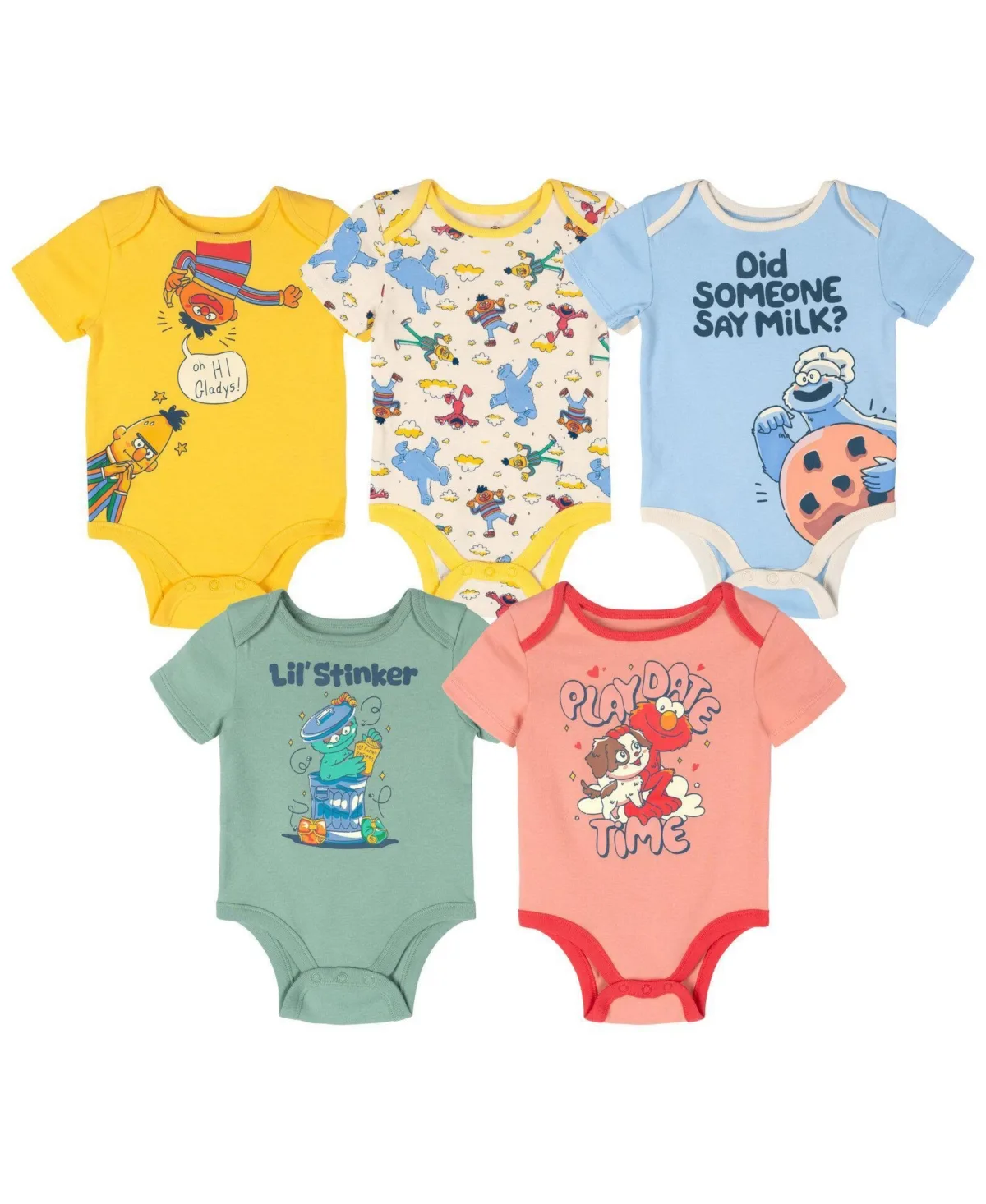 Elmo Cookie Monster Bird 5 Pack Cuddly Short Sleeve Bodysuits by Sesame Street