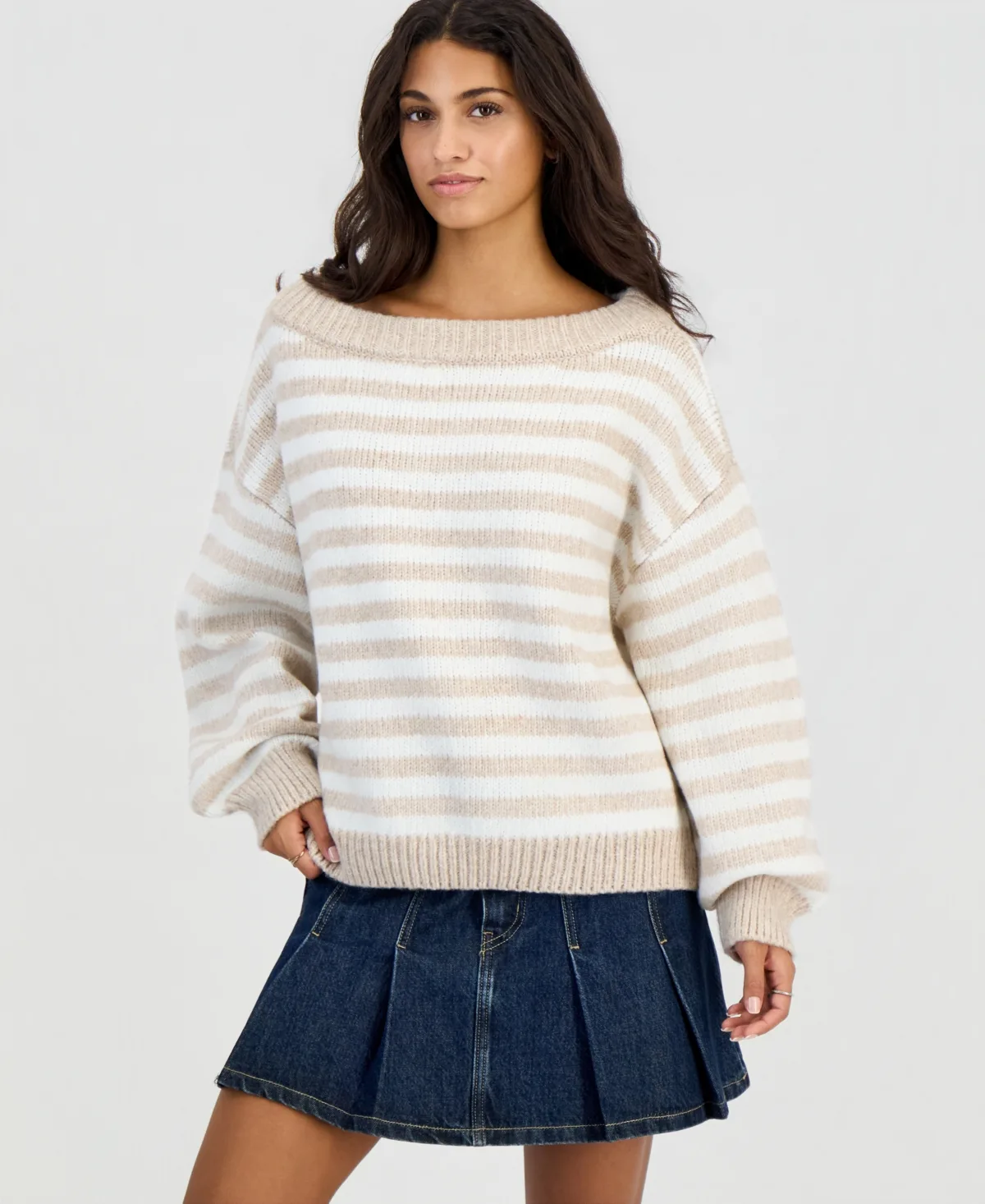 Slouchy Striped Balloon-Sleeve Sweater by Hippie Rose