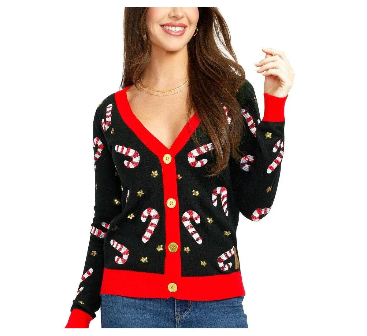 Sequin Candy Cane Button-Front Christmas V-Neck Cardigan by Tipsy Elves