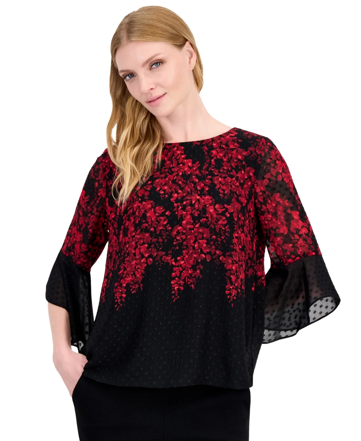 Boat Neck 3/4-Length Ruffle Sleeves Polka-Dot Floral-Print Blouse