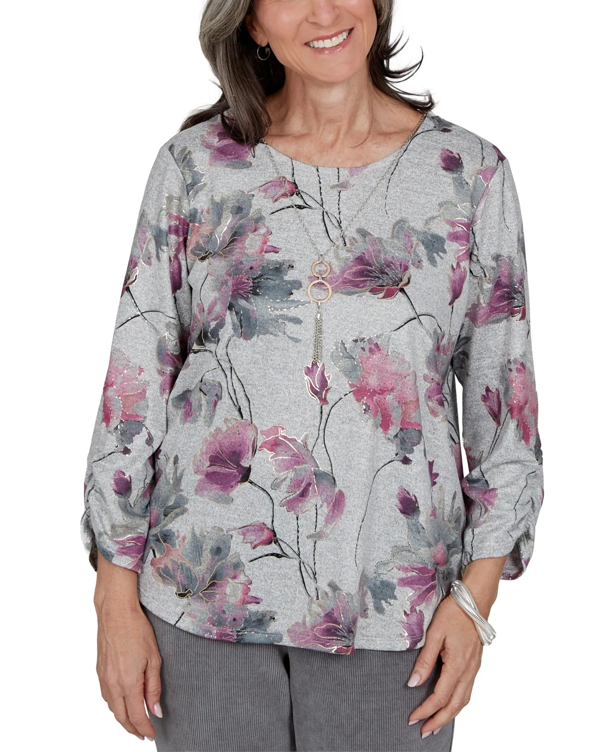 Floral-Print 3/4-Sleeve Curved-Hem Blouse by Alfred Dunner