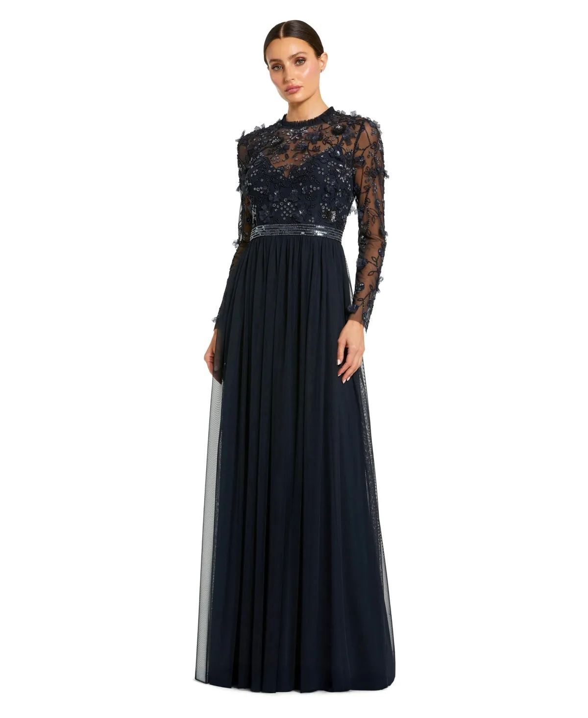 Mac Duggal Hand-Embellished Floral Bodice Long-Sleeve Gown by M.A.C.