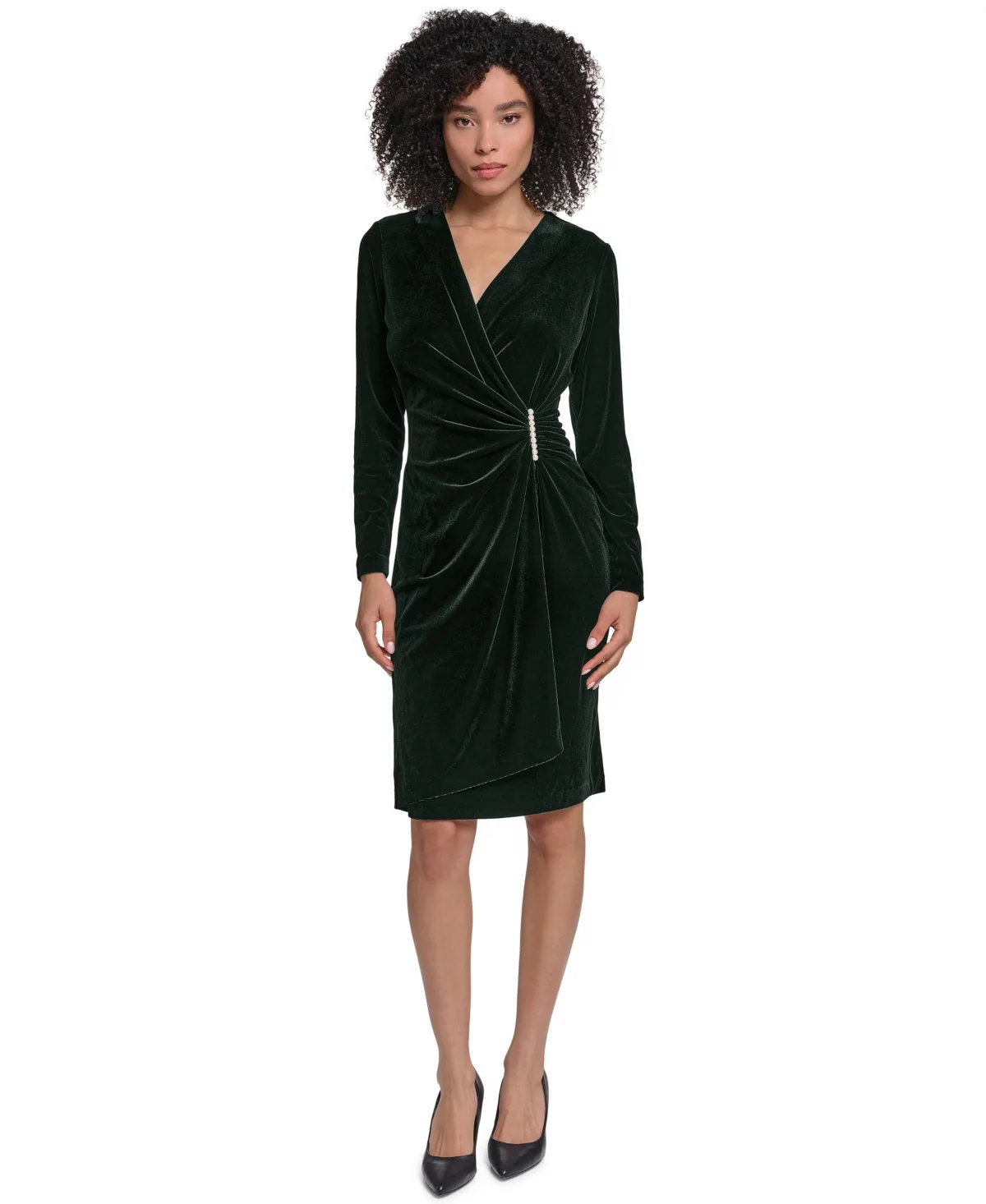 Velvet Faux-Wrap Pearl-Trim Dress