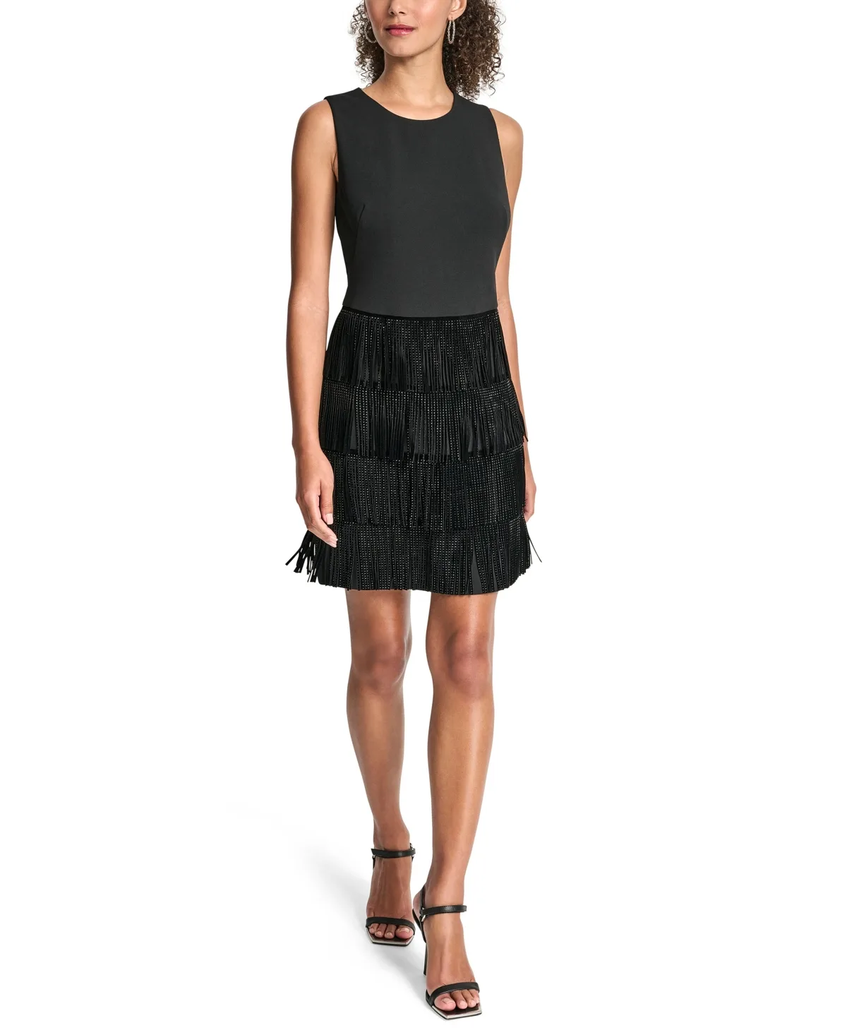 Tiered-Fringe Sleeveless Crewneck Shift Dress by DKNY