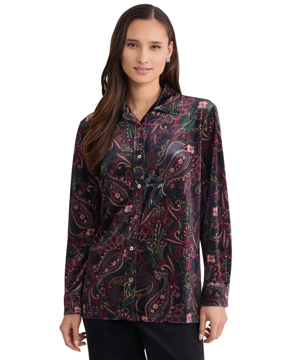 Long Sleeve Button Down Velvet Side-Slit Tunic by Jones New York