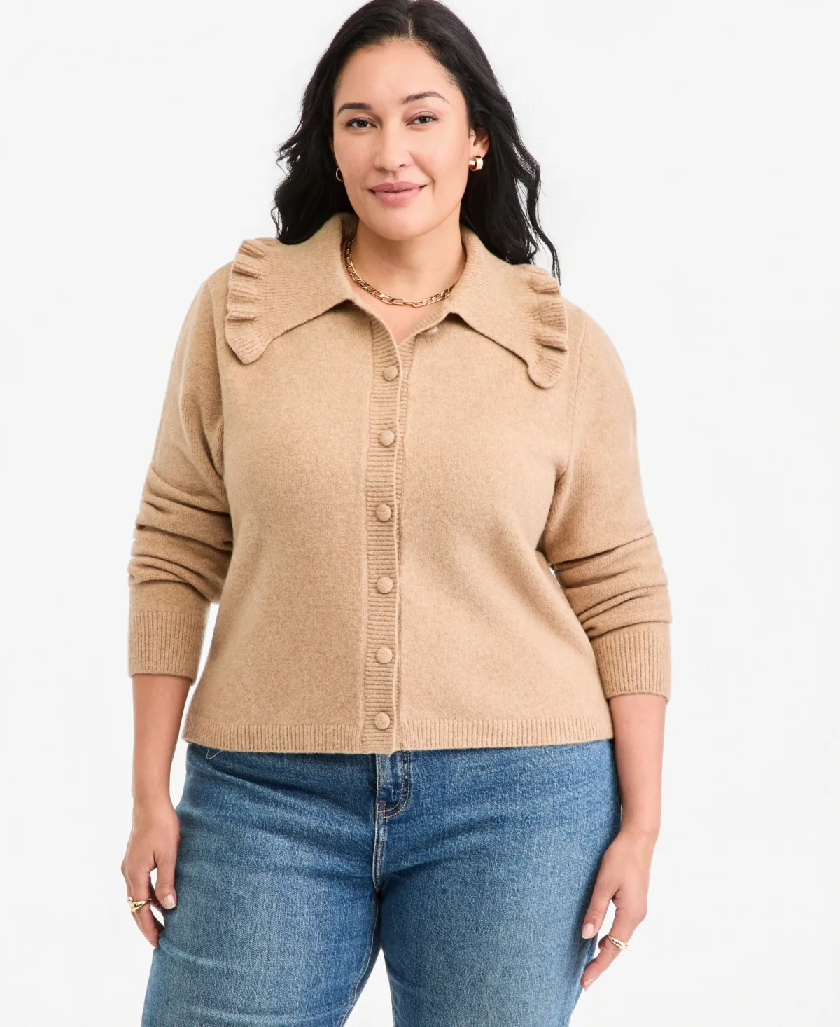 Ruffled Collar Long-Sleeve Cardigan by On 34th