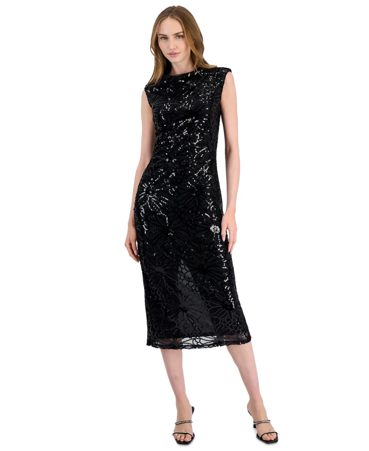 Sequin Cowl Neck Draped Midi Dress by Anne Klein