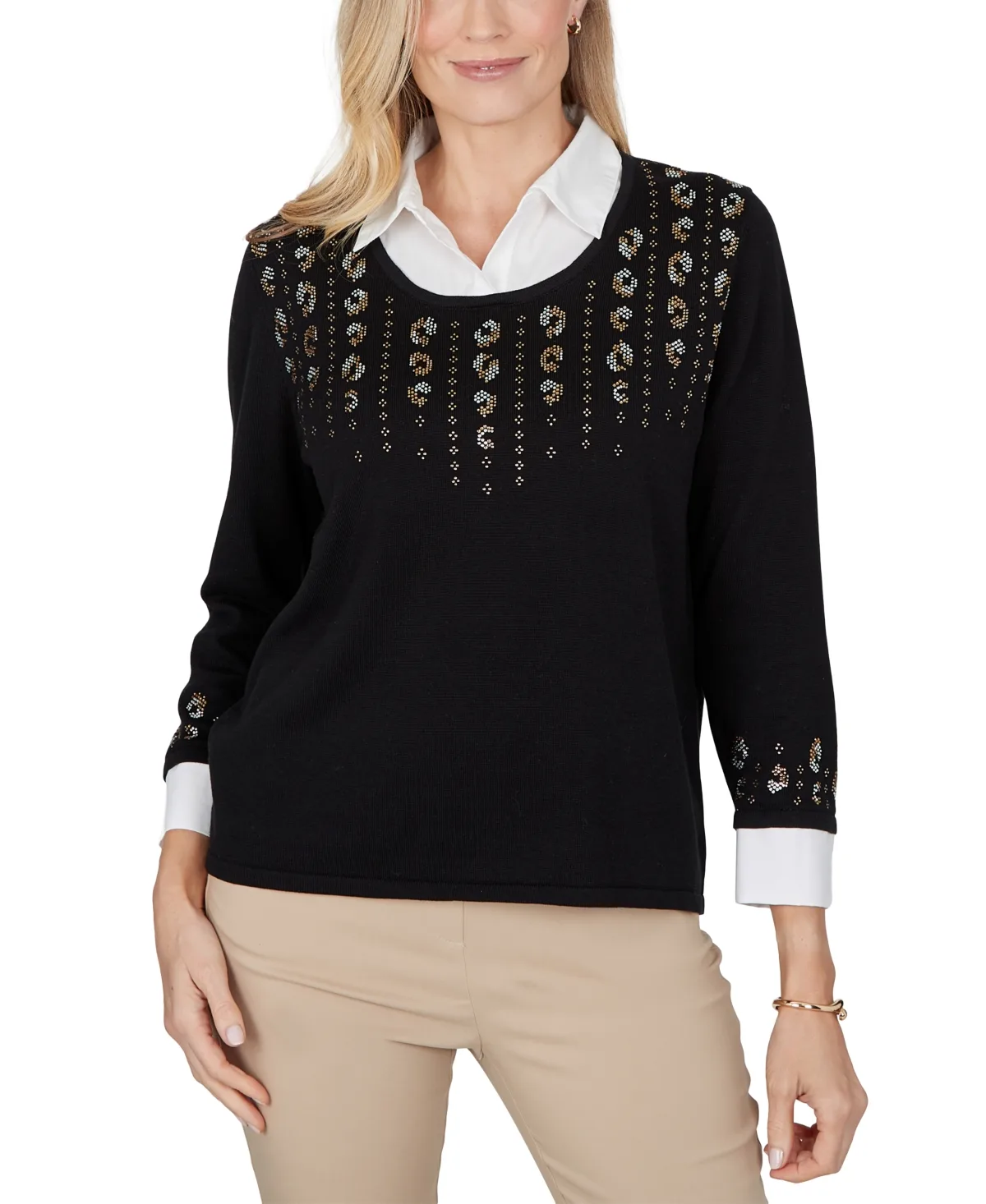 Crewneck 3/4-Sleeve Cotton-Blend Sweater by Alfred Dunner