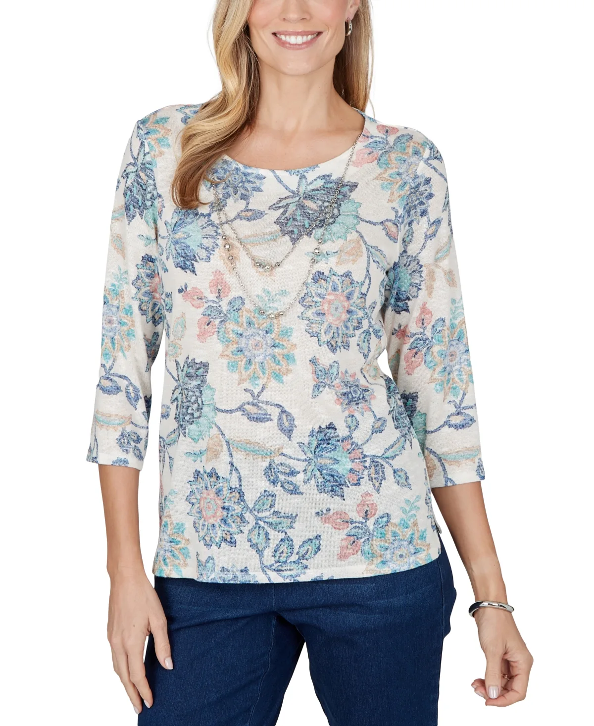 Floral-Print 3/4-Sleeve Side-Slit Blouse by Alfred Dunner