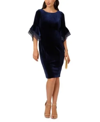 Velvet Bell Sleeve Mesh Trim Dress