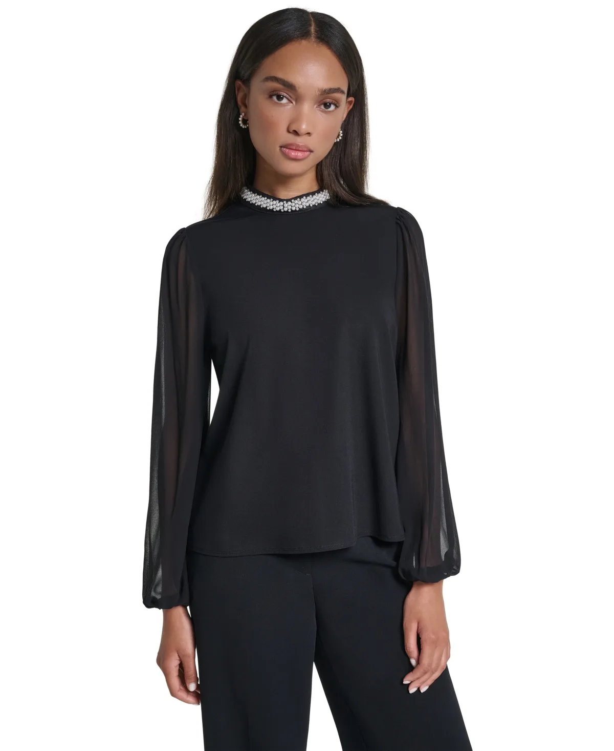 Long Sleeve Pearl-Embellished Crewneck Blouse by Karl Lagerfeld