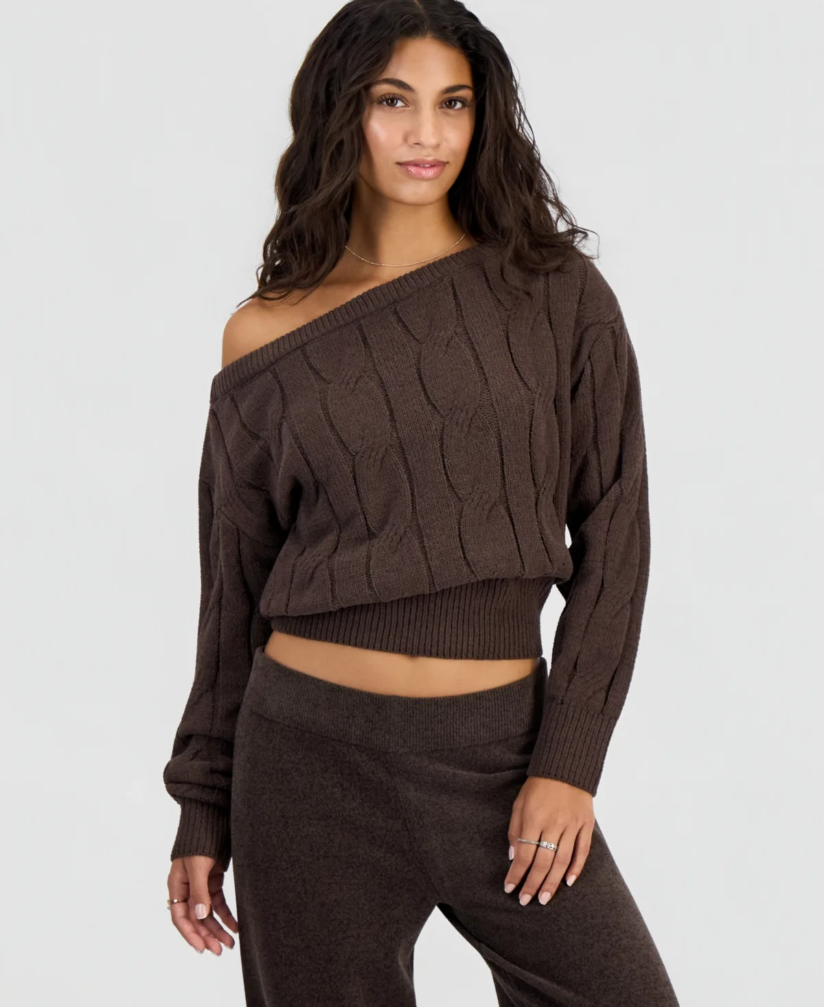 Cable-Knit Off-the-Shoulder Slouchy Sweater by Hippie Rose