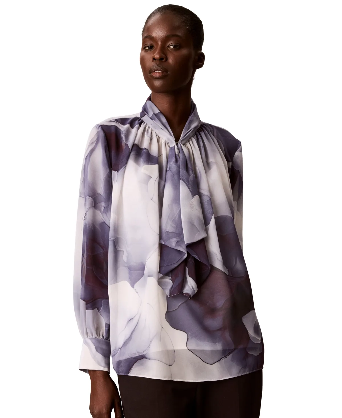 Ruffle Neck Floral-Print Chiffon Blouse by Calvin Klein