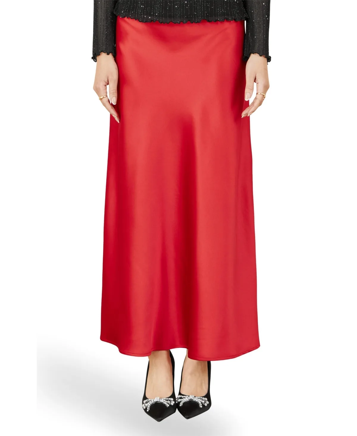 Satin A-Line Elasticated-Waist Midi Skirt